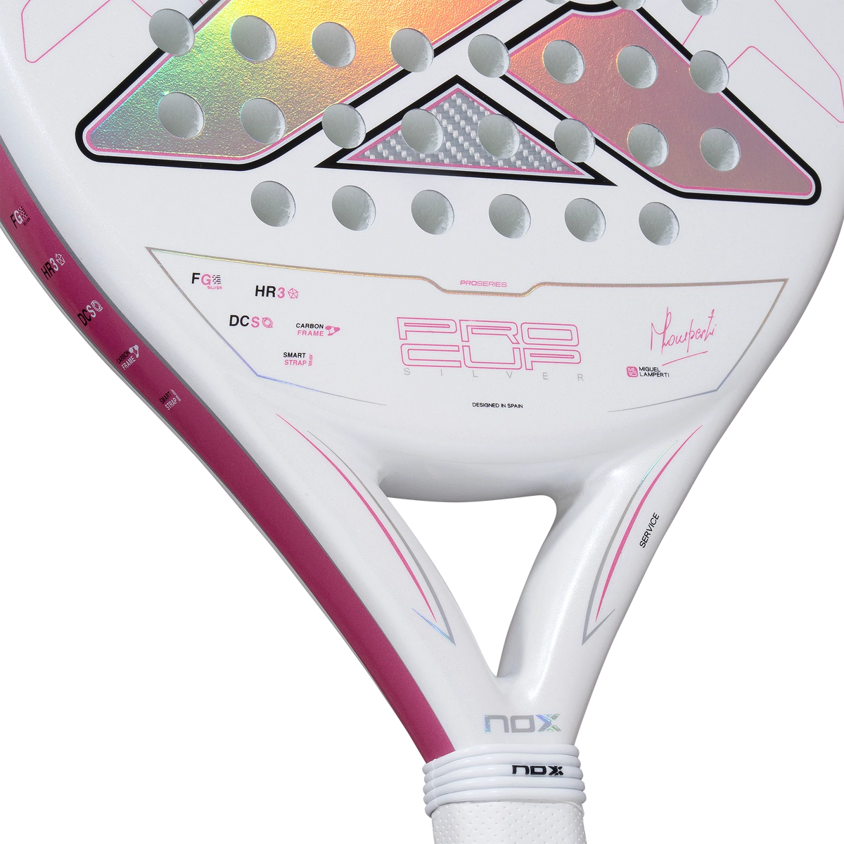Detail kader wit padel racket Nox Pro Cup Silver 2027 met roze details