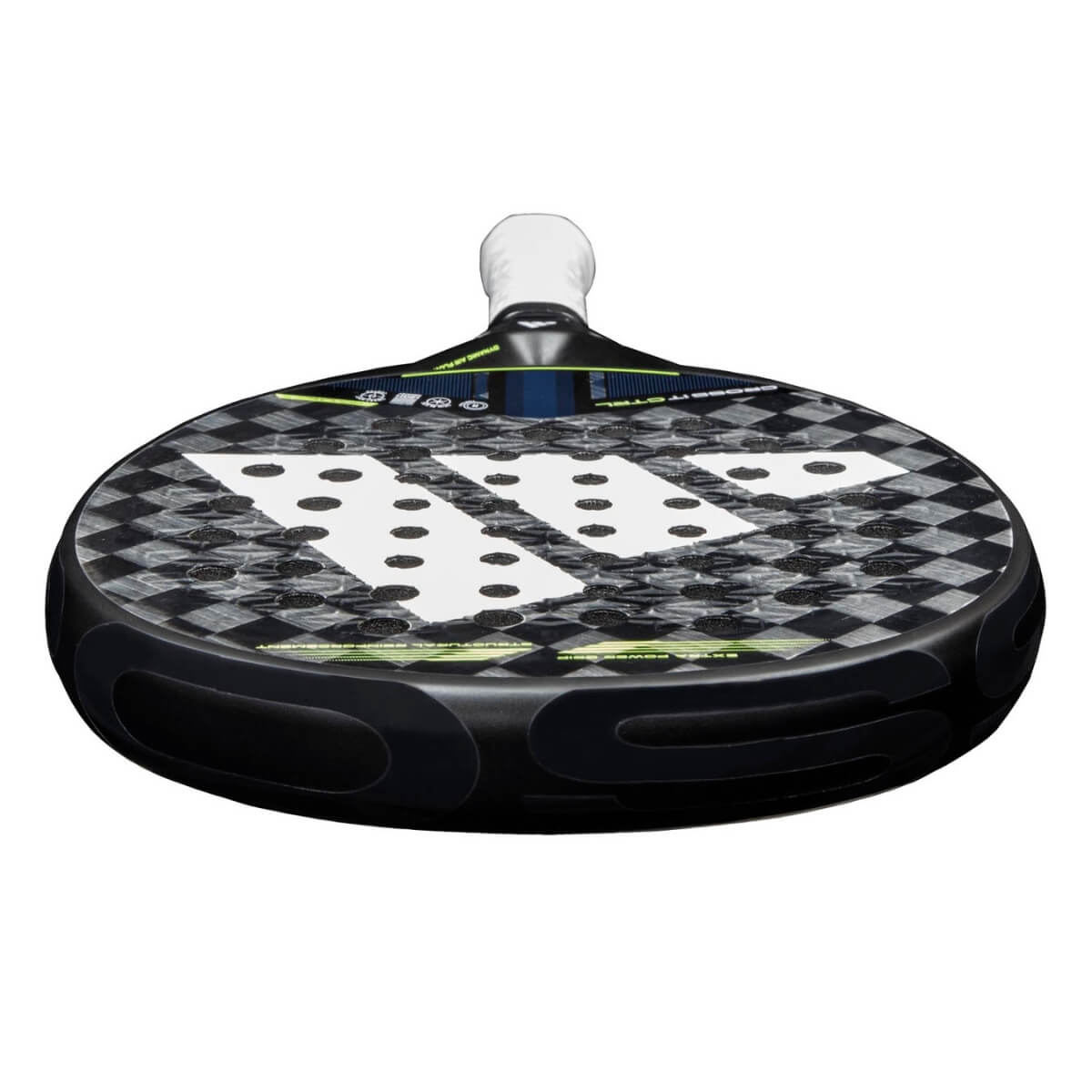 Bovenaanzicht van de Adidas Cross It Ctrl 3.4 2025 zwart/grijs padel racket met wit logo van adidas in het midden.