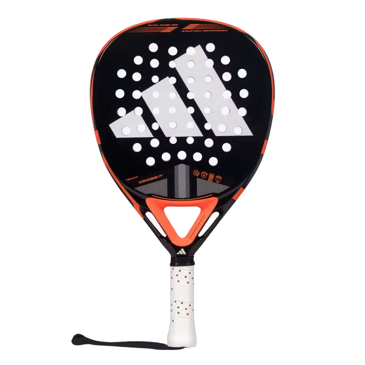 Vooraanzicht Adidas Cross It Team 3.4 – 2025 padelracket – rond model met glasvezel bladen EVA Soft Performance kern voor veelzijdig spel. cZwart slagoppervlak met wit Adidas logo en oranje accenten op het kader.