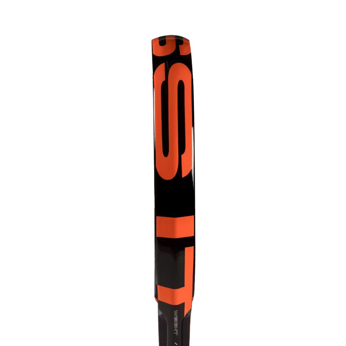 Zijaanzicht Adidas Cross It Team 3.4 – 2025 padelracket – rond model met glasvezel bladen EVA Soft Performance kern voor veelzijdig spel. cZwart slagoppervlak met wit Adidas logo en oranje accenten op het kader.