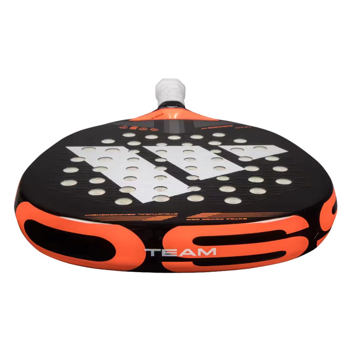Bovenaanzicht Adidas Cross It Team 3.4 – 2025 padelracket – rond model met glasvezel bladen EVA Soft Performance kern voor veelzijdig spel. cZwart slagoppervlak met wit Adidas logo en oranje accenten op het kader.