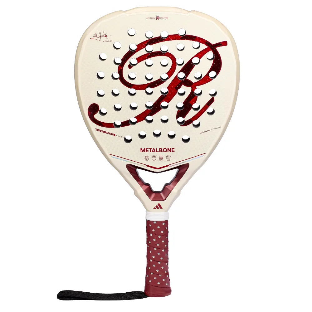 Vooraanzicht Adidas Metalbone Reserve LTD 2026 witte padel racket met donkerrood logo R op het slagoppervlak en rood handvat.