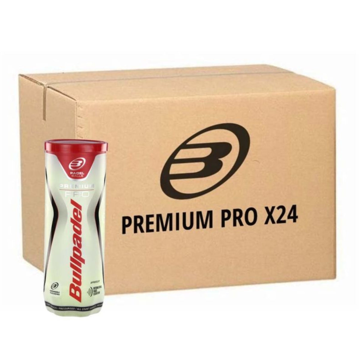 Kartonnen doos Bullpadel Premium Pro padel ballen met een losse tube met 3 ballen ervoor.