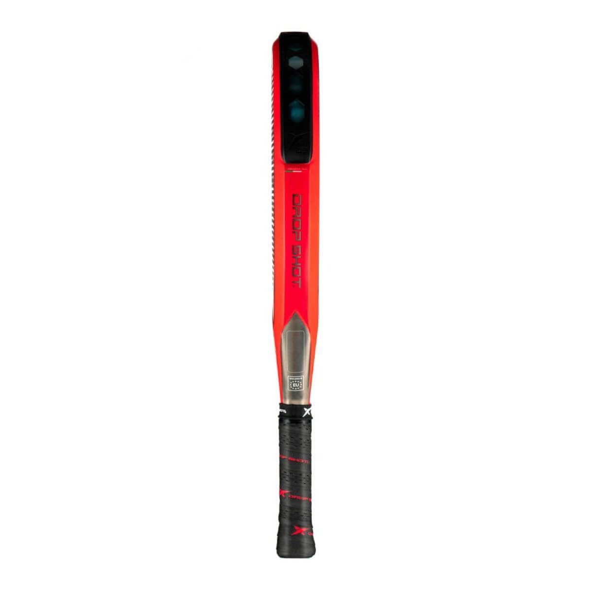 Zijkant Drop Shot Canyon Pro Attack 24 padelracket, diamantvormig blad in zwart-rood design met 24K carbon details.
