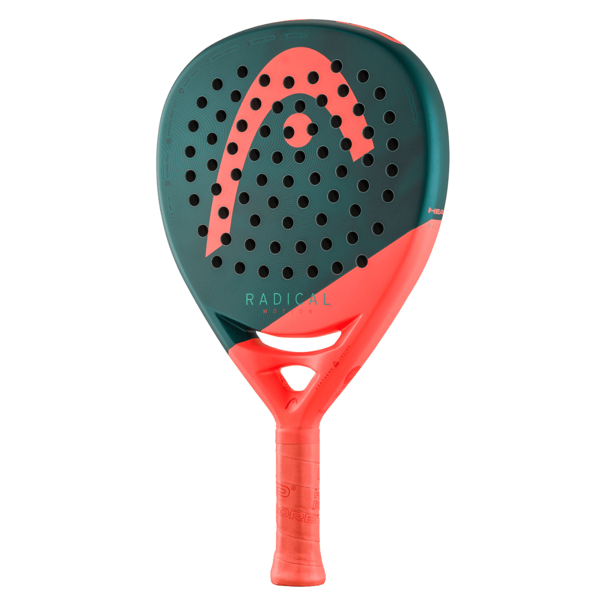 Schuin vooraanzicht HEAD Radical Motion 2026 – lichtgewicht druppelvormig padel racket zwart met oranje/rood