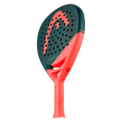 Schuin onderaanzicht HEAD Radical Motion 2026 – lichtgewicht druppelvormig padel racket zwart met oranje/rood