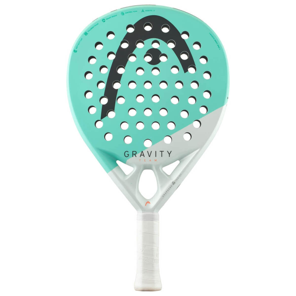 Head Gravity Team 2025 padelracket met rond blad en turquoise design vooraanzicht