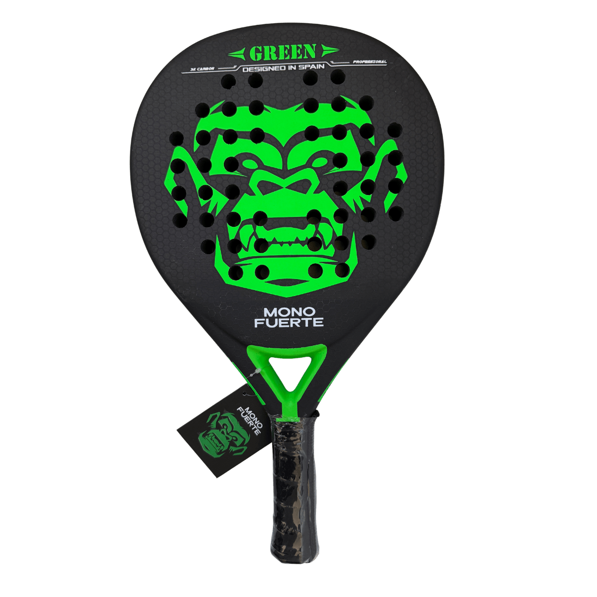 Zwart padel racket met groen aap logo Mono Fuerte Green vooraanzicht