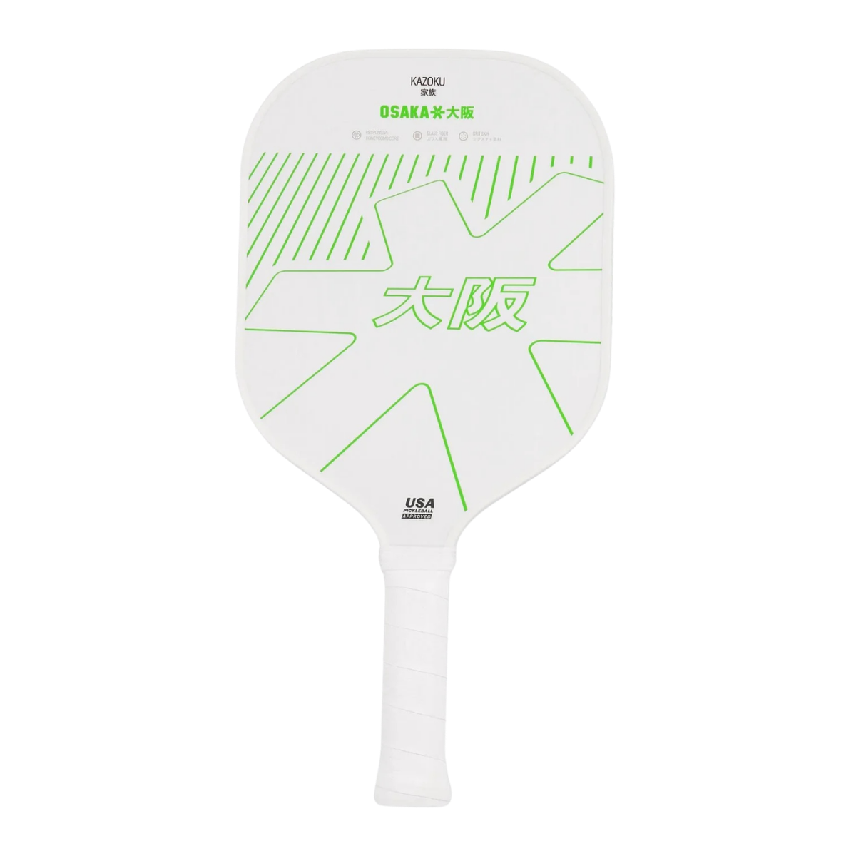 Vooraanzicht wit pickleball racket met groen Osaka logo