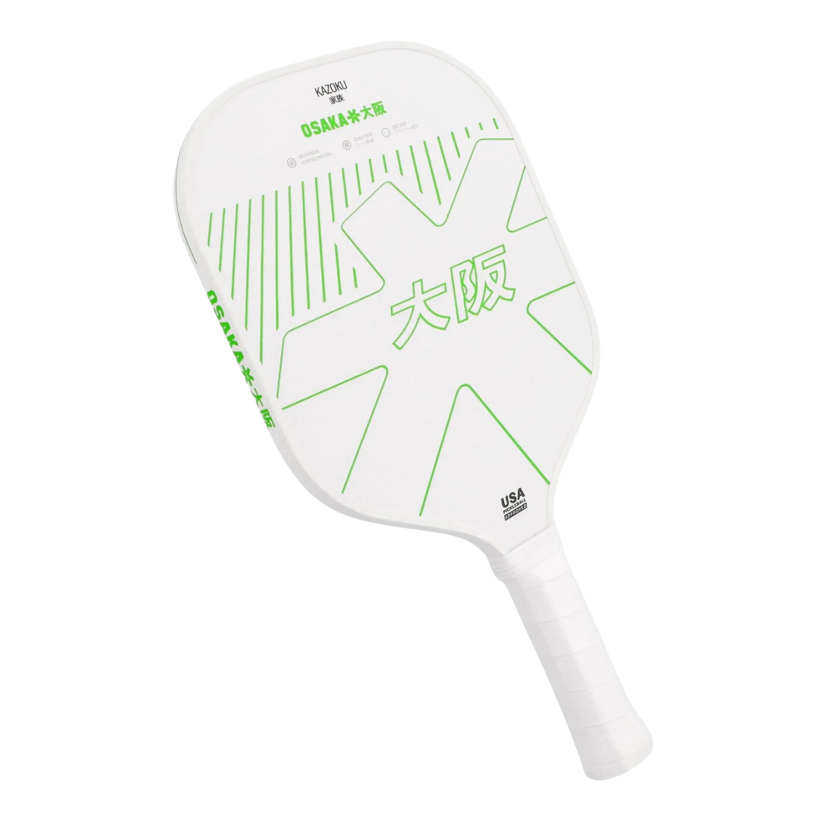 Schuin vooraanzicht wit pickleball racket met groen Osaka logo