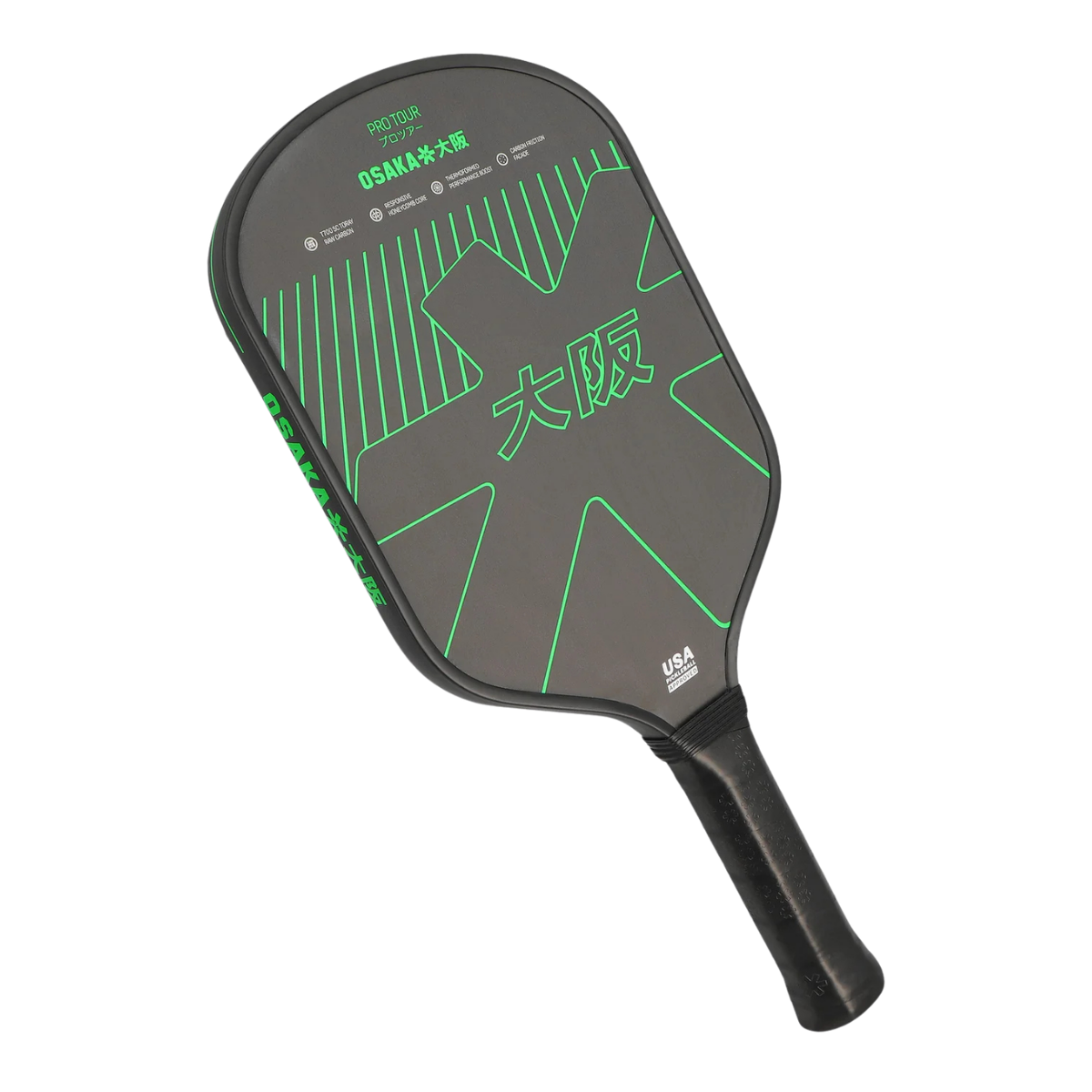 Schuin vooraanzicht Osaka Pro Tour Pickleball racket zwart met groen Osaka logo