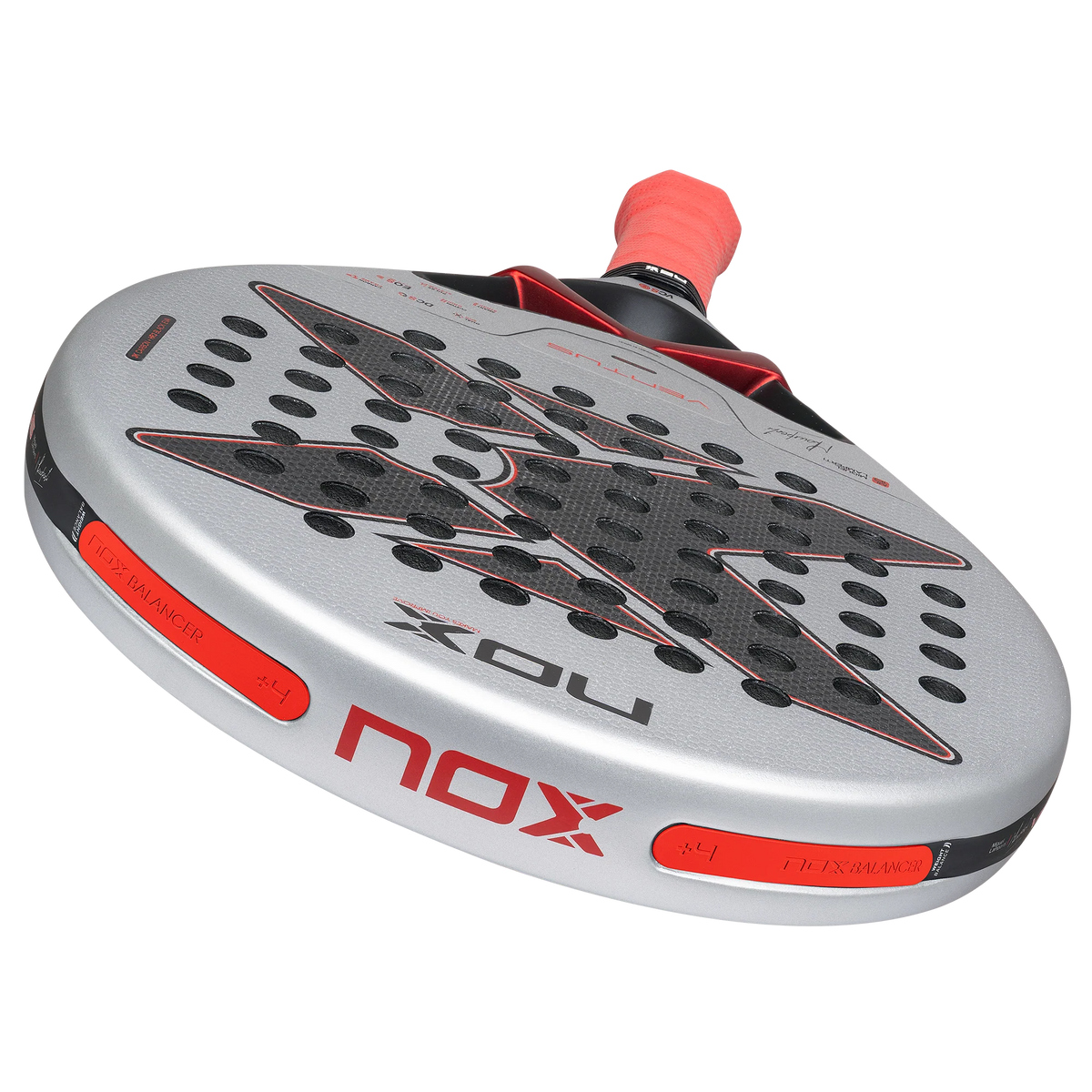 Bovenaanzicht grijs padel racket Nox Ventus Control 3k 2027 by Miguel Lamperti met afneembare gewichten