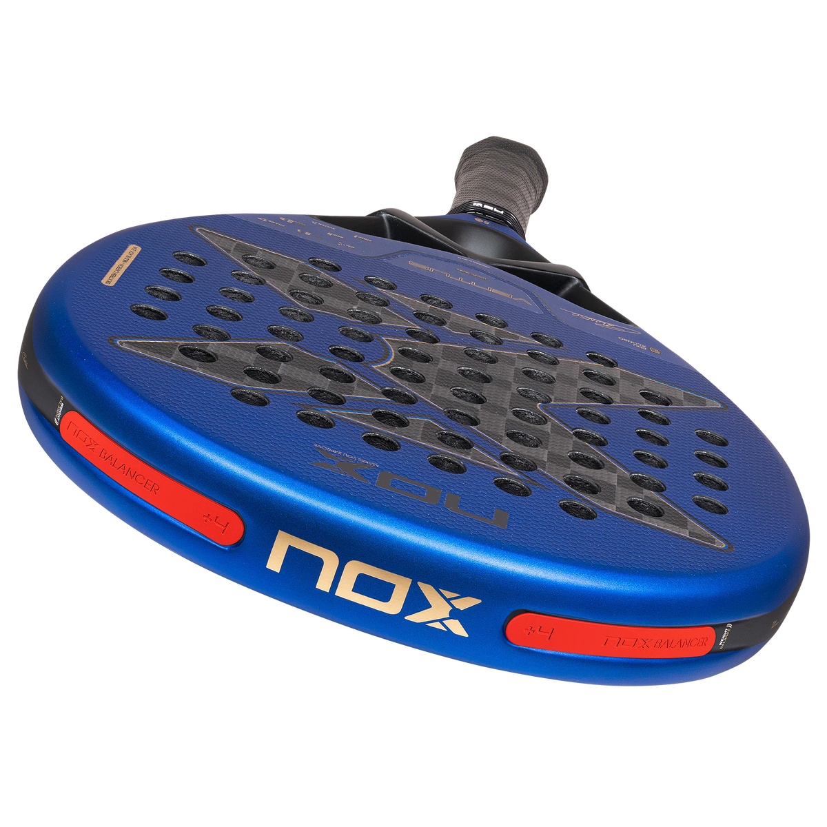 Bovenaanzicht blauw padel racket Nox Ventus Hybrid 12k 2027 by Edu Alonso met afneembare gewichten