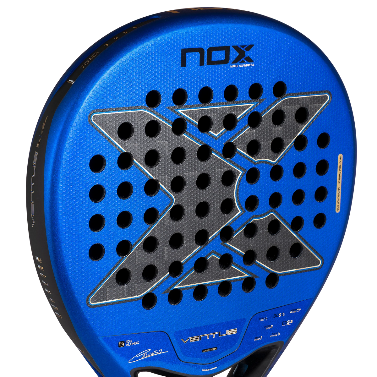 Detail slagoppervlak blauw padel racket Nox Ventus Hybrid 12k 2027 by Edu Alonso