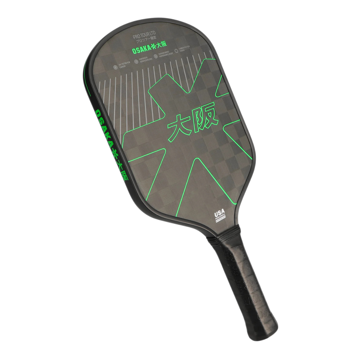 Schuin vooraanzicht zwart pcikleball racket met groen logo Osaka