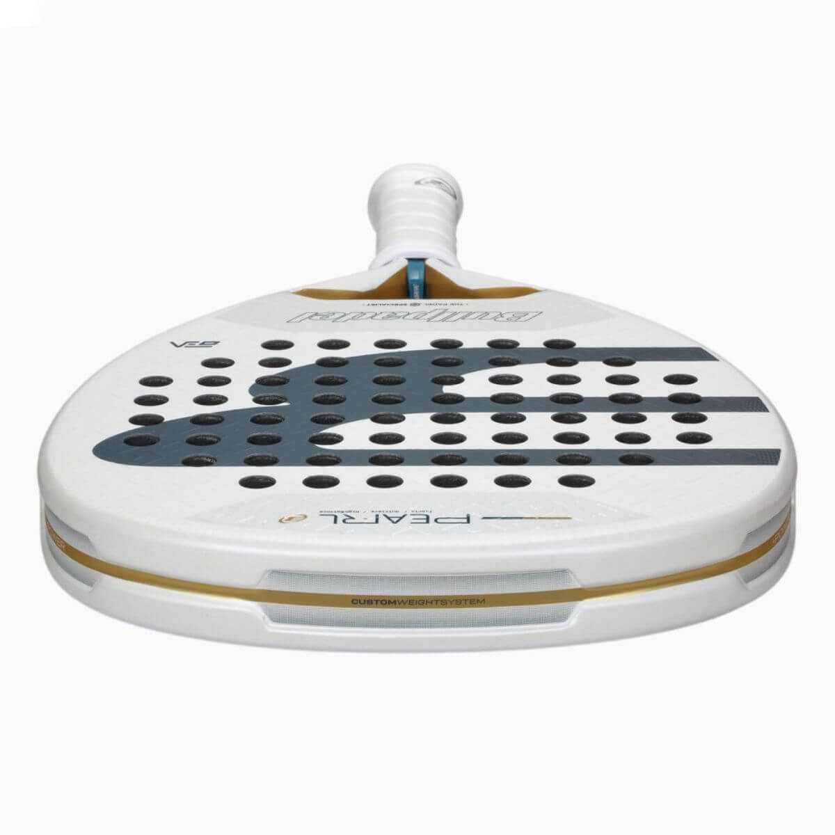Bovenaanzicht Bullpadel Pearl 26 padelracket – wit diamantvormig model van Bea González met Fibrix-blad en Multieva-kern.