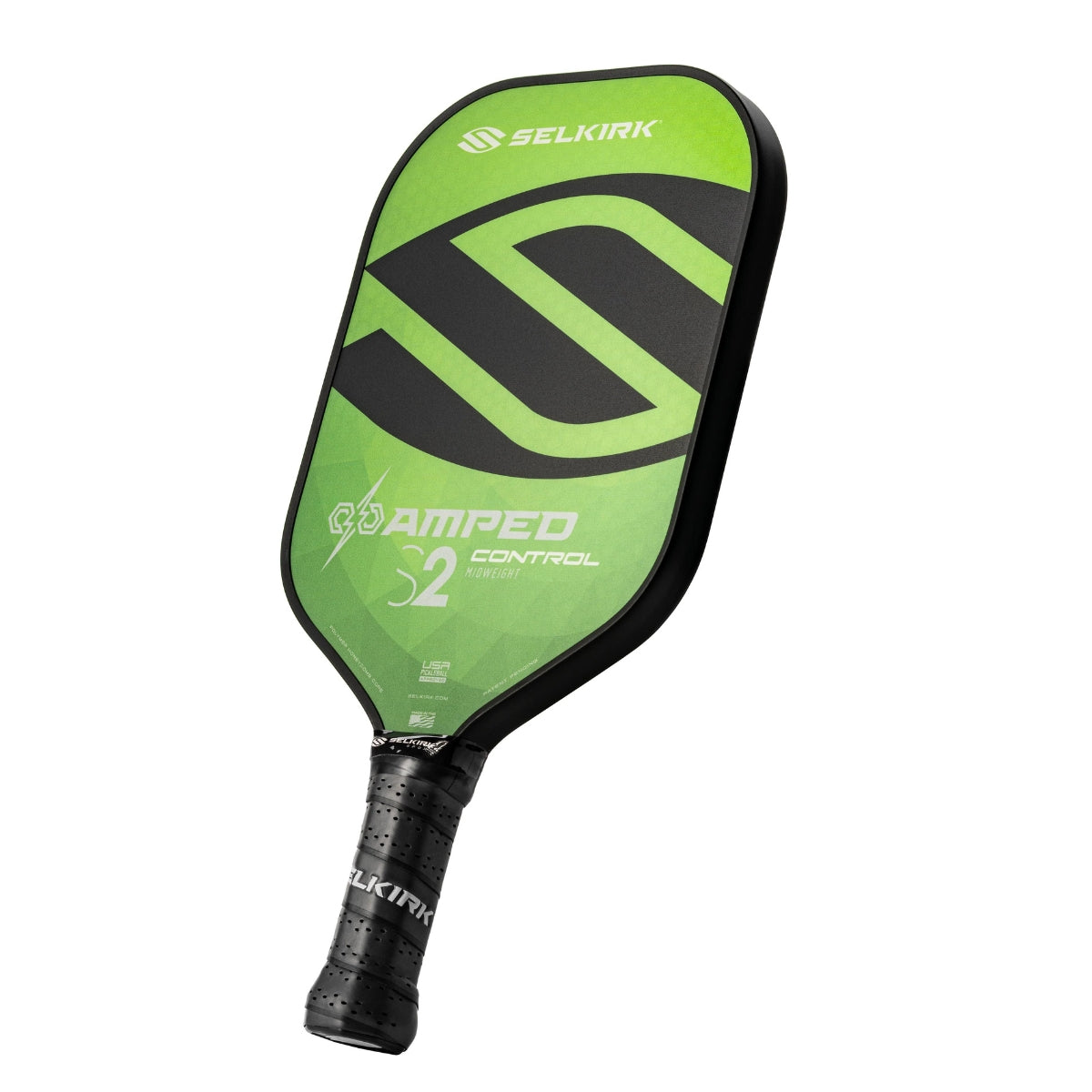 Selkirk Amped Control S2 pcikleball racket groen met zwart logo schuin vooraanzicht