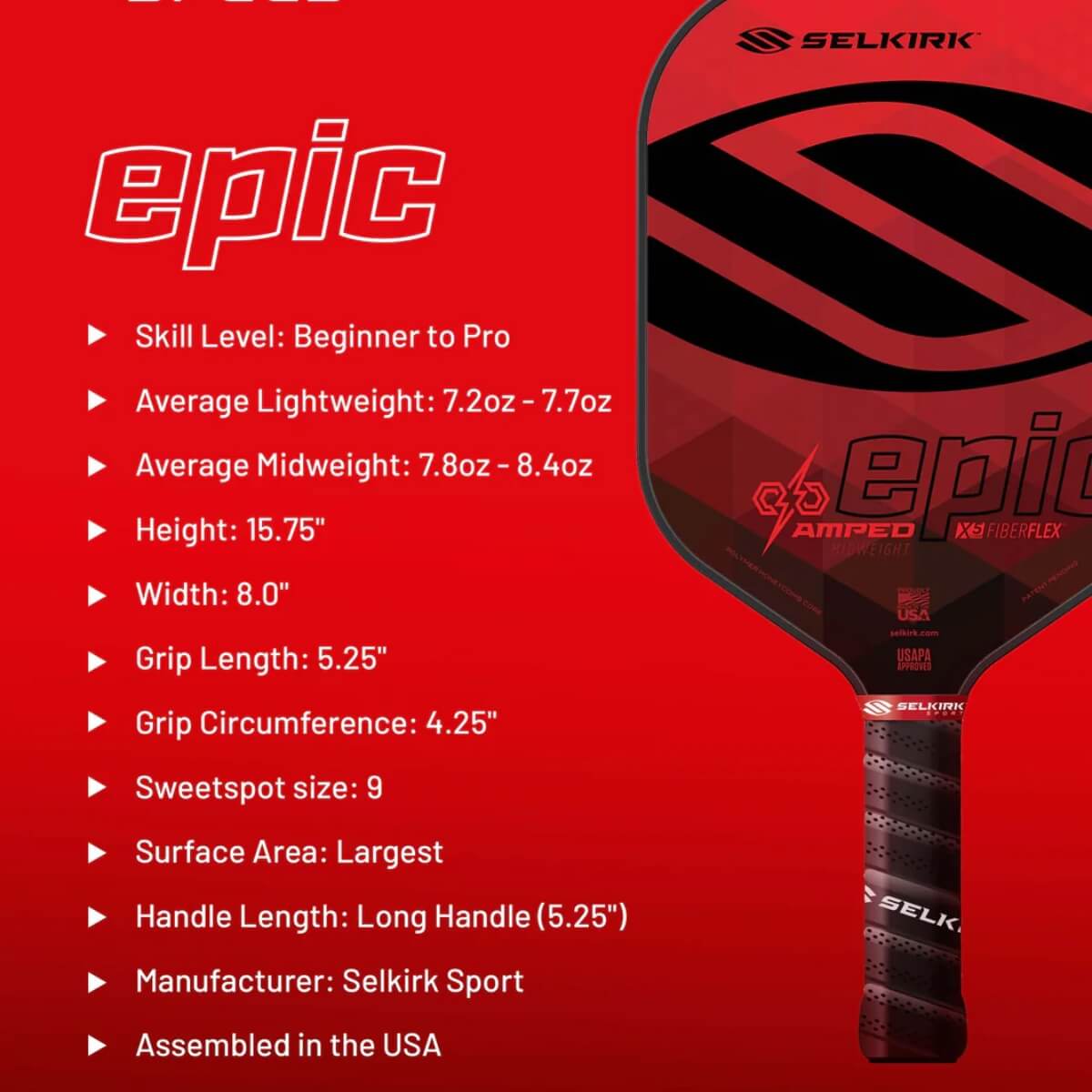 Selkirk Amped Epic paddle / racket Selkirk Red specificaties