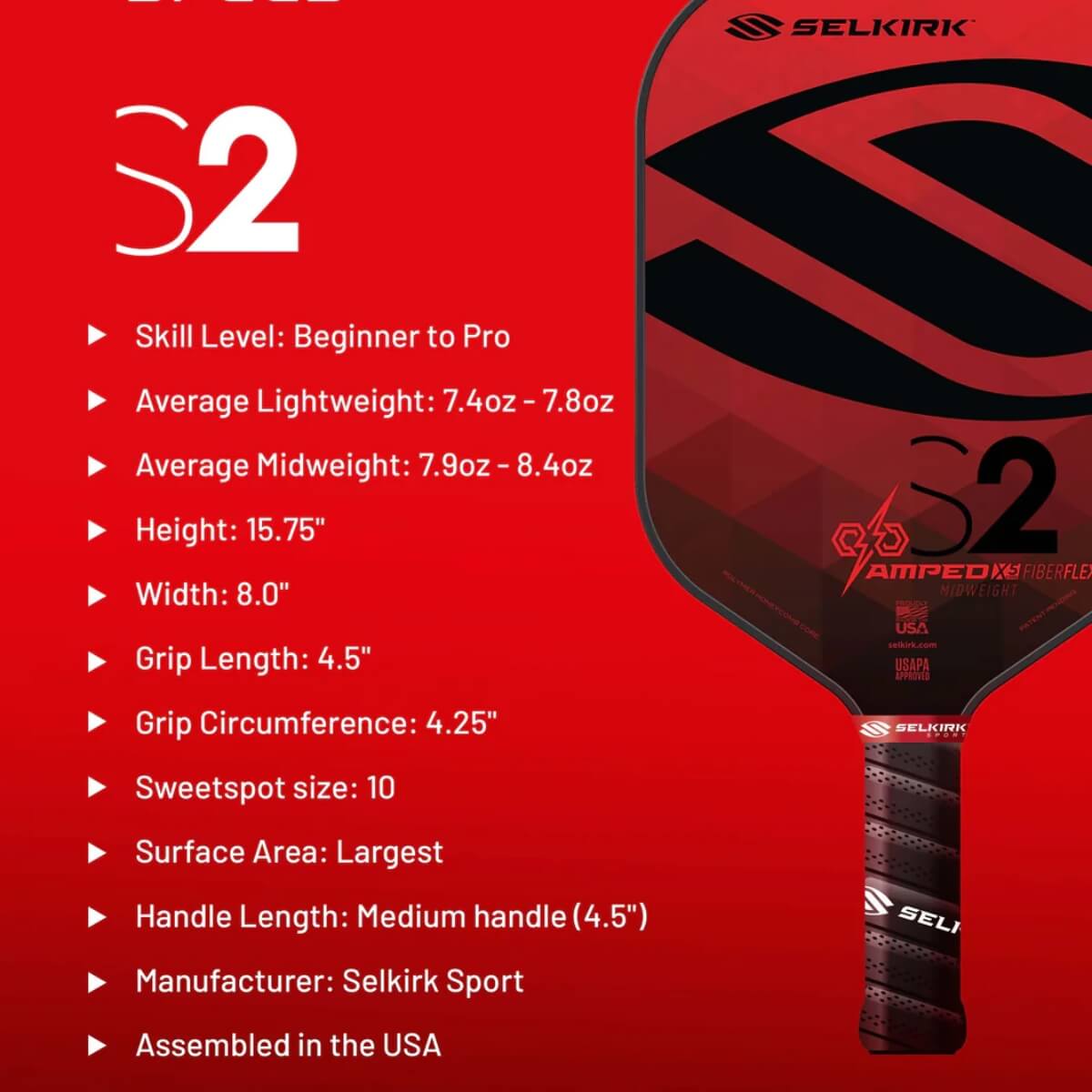 Selkirk Amped S2 paddle / racket specificaties