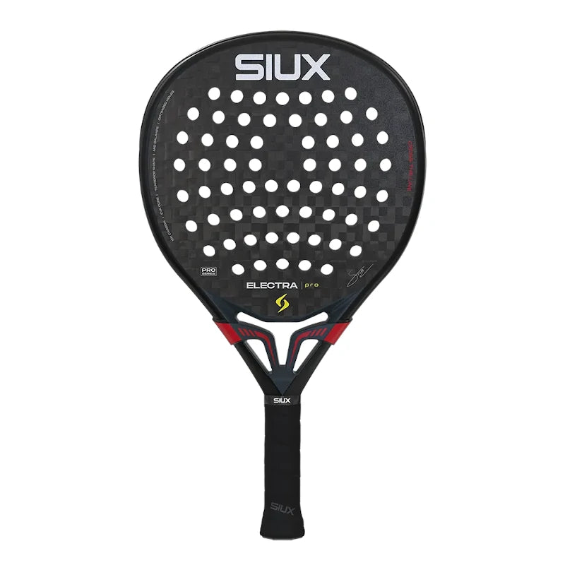 Vooraanzicht Siux Electra Pro 2026 Shadow Red: druppelvormige zwart pro racket met 12K carbon, EVA-kern, medium balans en Switch Strap. Hybride power & controle voor gevorderde spelers.