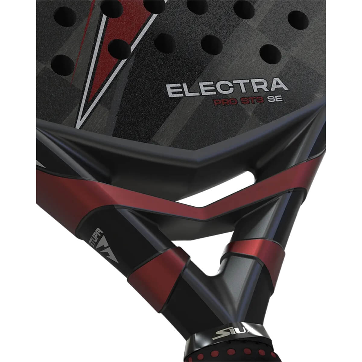 Siux Electra ST3 Pro Special Edition 2025 zwart padel racketmet een rode bliksem erop close up van frame