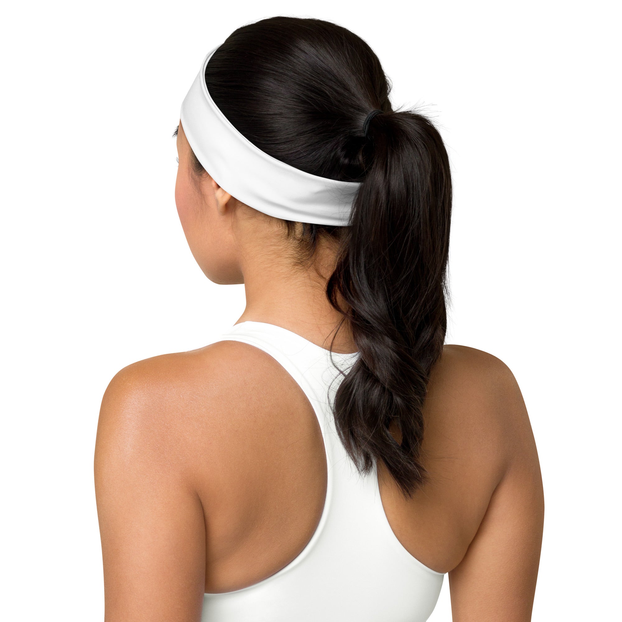 Achterzijde witte elastische haarband met zwart logo pace (twee gekruiste rackets)