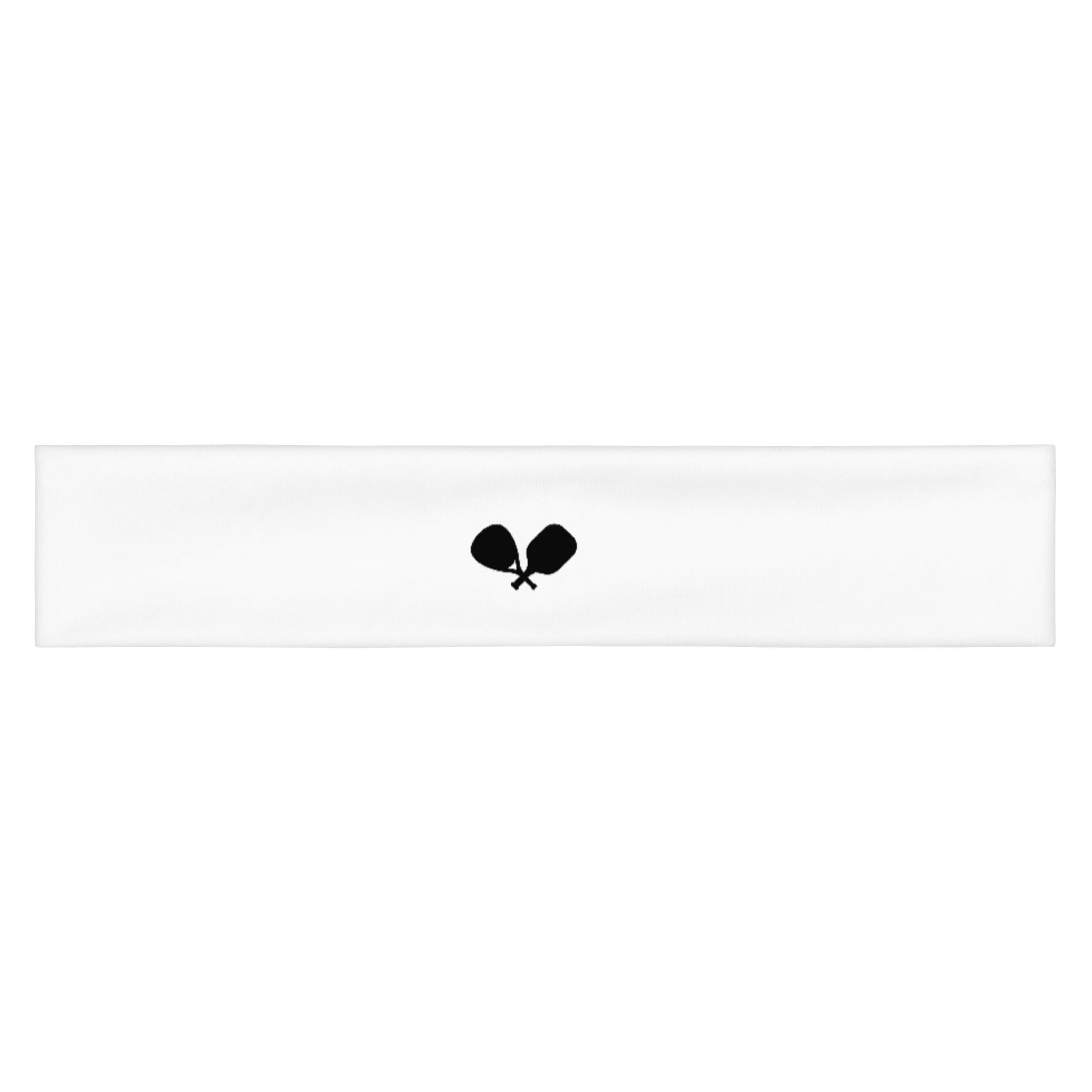Vooraanzicht witte elastische haarband met zwart logo pace (twee gekruiste rackets)