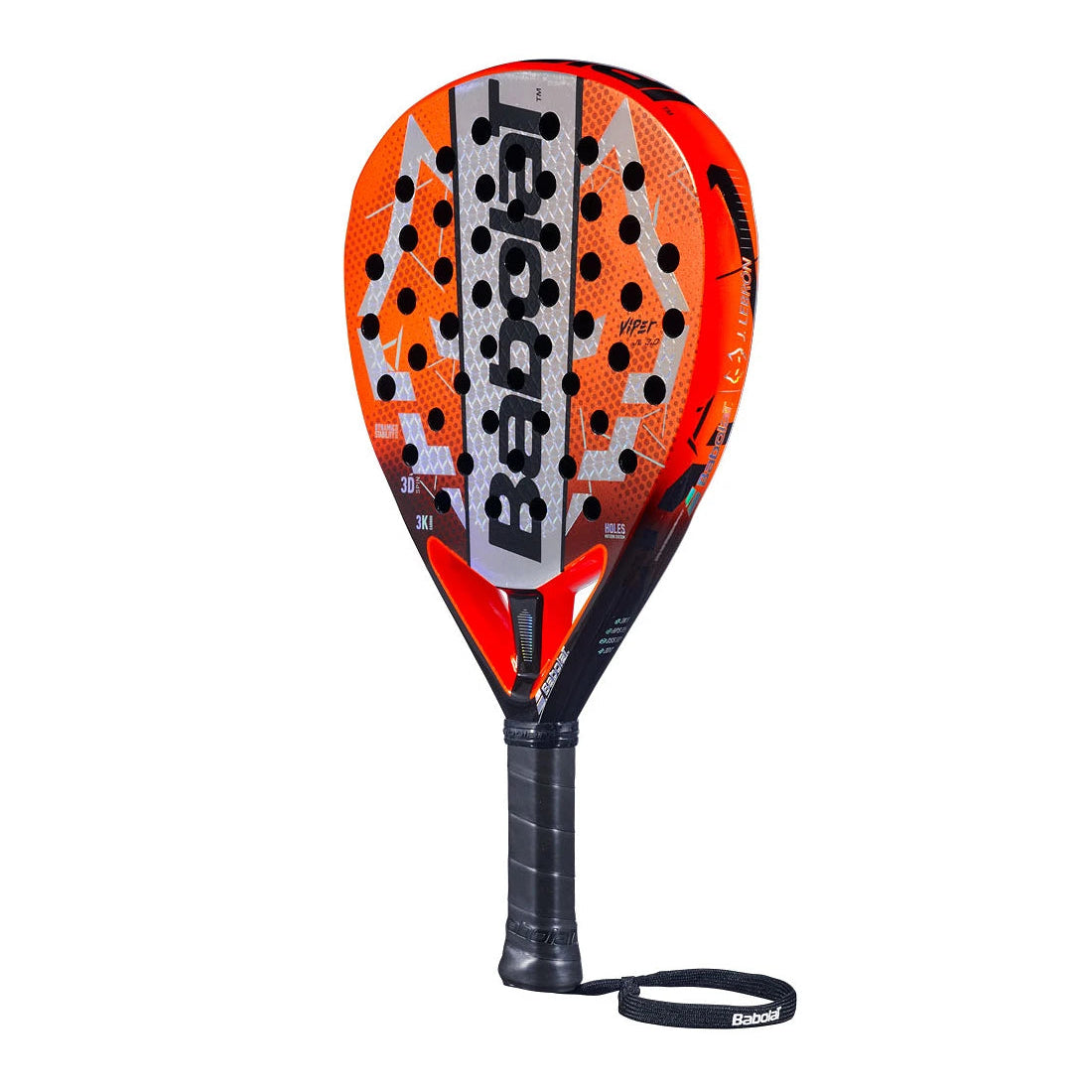 Schuin vooraanzicht Babolat Viper Juan Lebrón 3.0: diamantvormig power padelracket met 3K carbon, harde EVA-kern en Dynamic Stability System