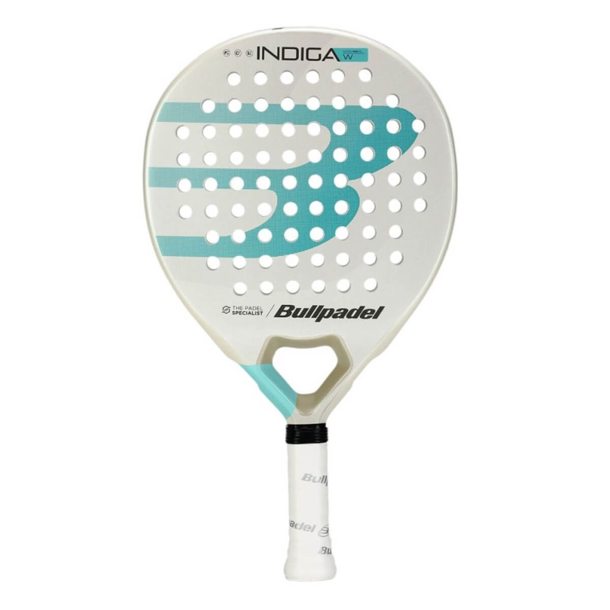 Bullpadel Indiga W 25 wit padel racket met lichtblauw Bullpadel logo vooraanzicht