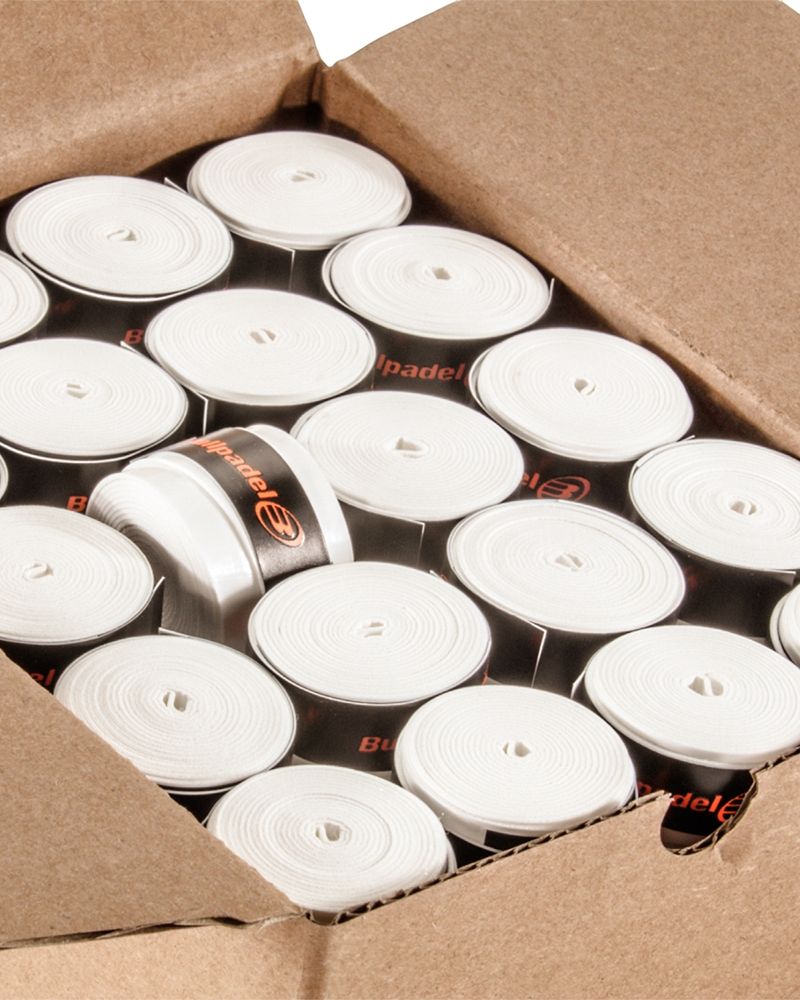 Close-up van een kartonnen doosje met 60 witte overgrips