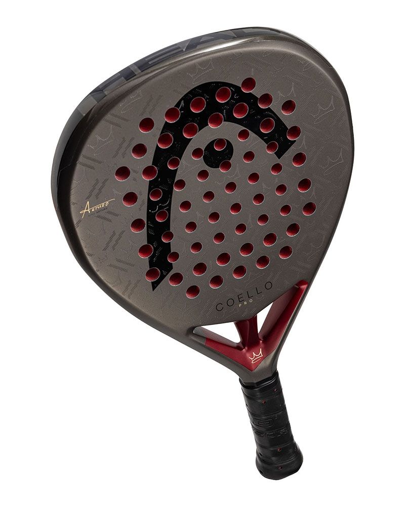 Schuin bovenaanzicht Head Coello Pro 2026 donker grijs padel racket met zwart Head logo en rode accenten.