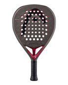 Vooraanzicht Head Coello Pro 2026 donker grijs padel racket met zwart Head logo en rode accenten.