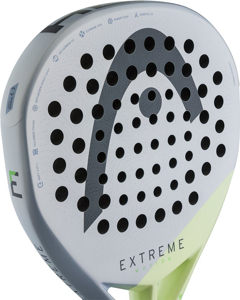 Detail slagoppervlak Head Extreme Motion 2026 grijs met licht groene padel racket