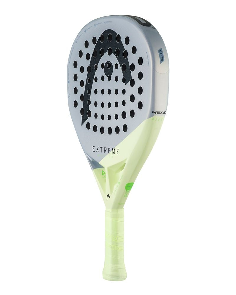 Schuin vooraanzicht Head Extreme Motion 2026 grijs met licht groene padel racket