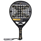 NOX AT Genius LTD Edition 2025 padelracket in vooraanzicht, grijs ontwerp met zwart X-logo en gouden randen, druppelvormig en gemaakt van 18K carbon