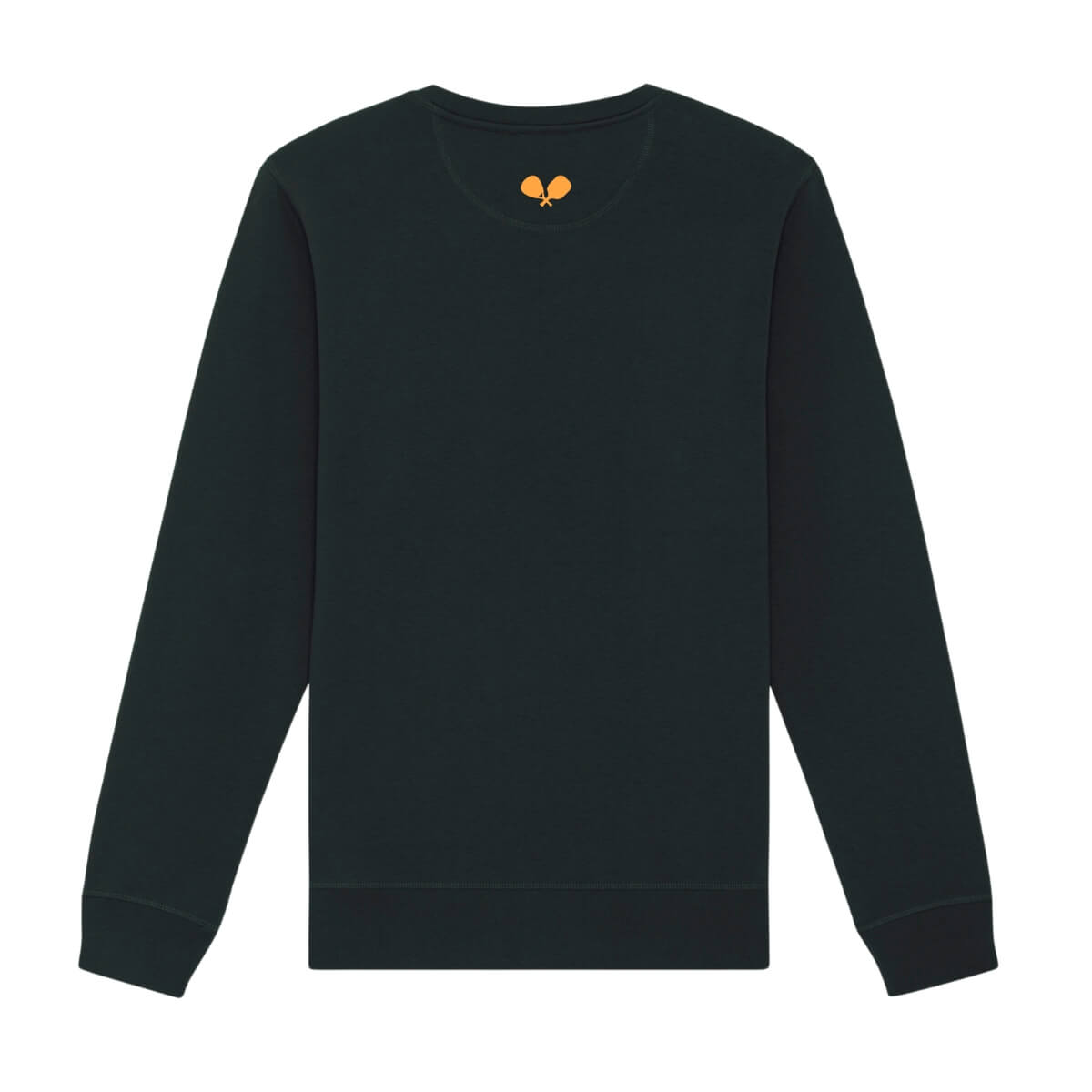 Zwarte sweater met oranje logo pace centraal bovenaan op achterkant